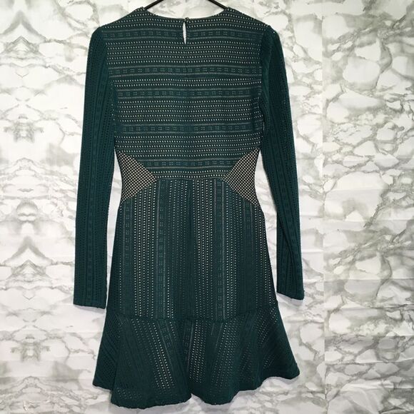 BCBGMAXAZRIA CROCHET LACE OVERLAY FIT & FLARE LONG SLEEVE MINI DAINA DRESS XS - Picture 11 of 14